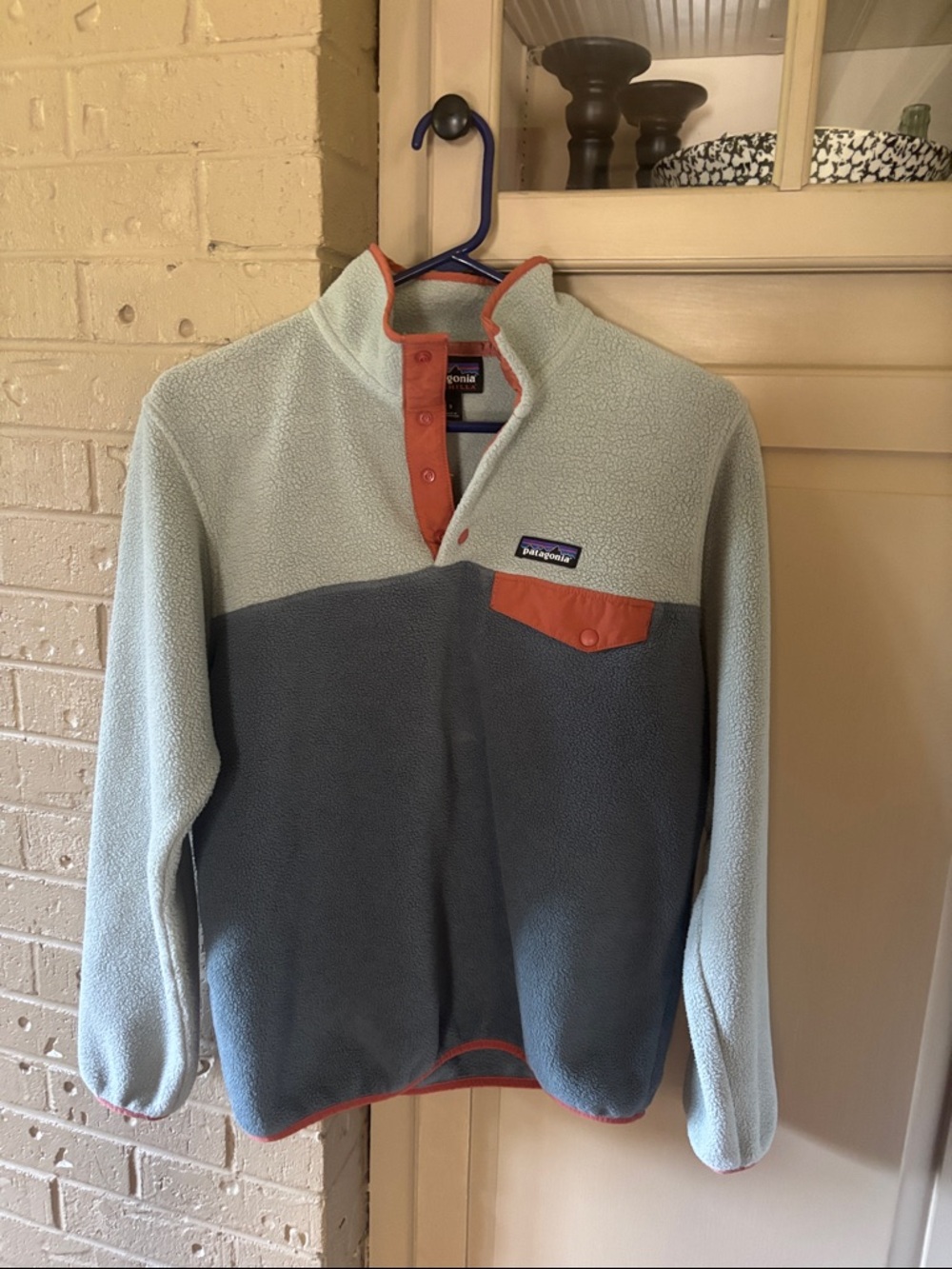 Patagonia Two-Tone Snap Pullover - Light Mint & Slate with Orange Accents